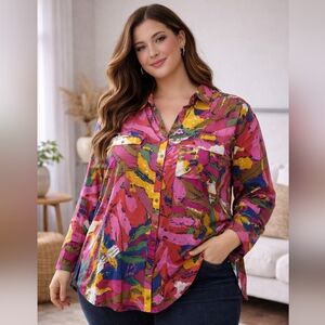 BCBG Max Azria Plus 2X Abstract Print Long Sleeve Top RS 91